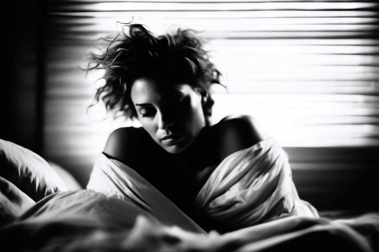 Woman in bed looking frustrated in a monochromatic photo