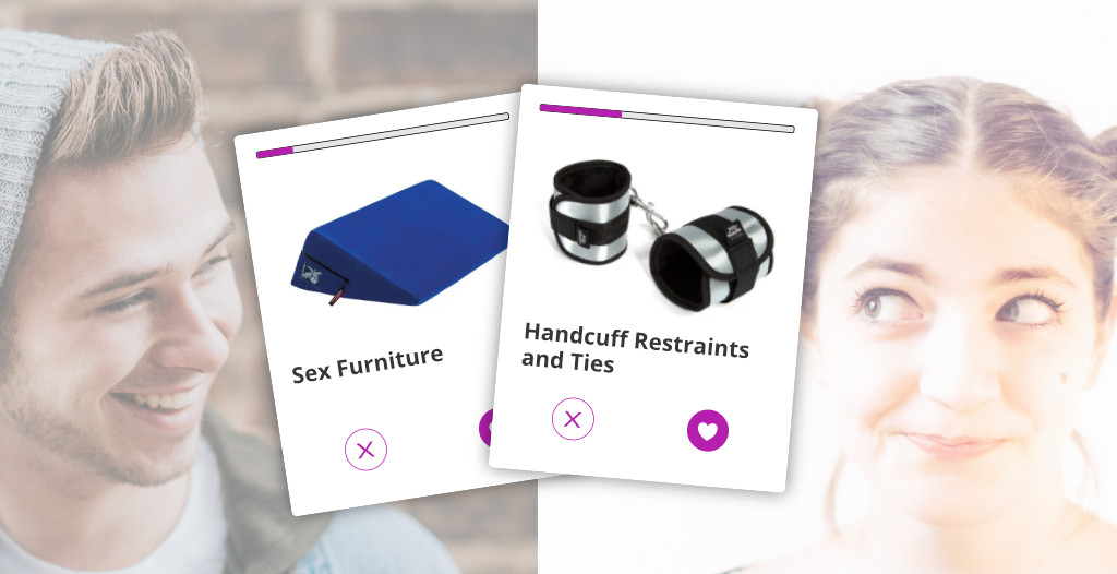 hero image of man and woman smiling at cards showing sex items and vote buttons